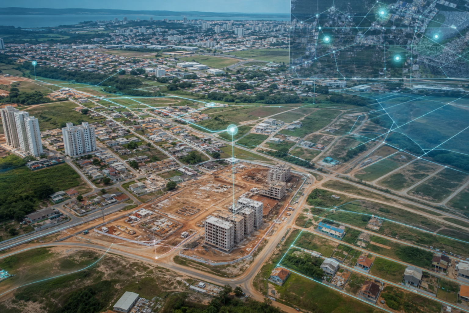 Vista aérea de área urbana com elementos visuais associados ao monitoramento territorial e à fiscalização de obras por tecnologia